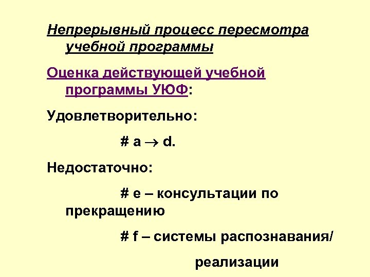 Непрерывный процесс пересмотра учебной программы Оценка действующей учебной программы УЮФ: Удовлетворительно: # a d.