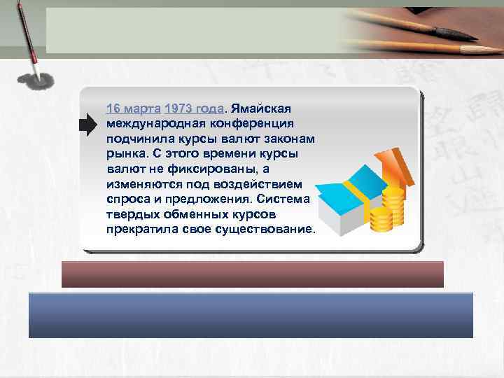 16 марта 1973 года. Ямайская международная конференция подчинила курсы валют законам рынка. С этого