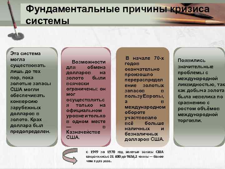 Фундаментальные причины кризиса системы Эта система могла существовать лишь до тех пор, пока золотые
