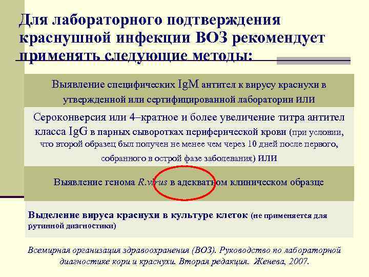 Для лабораторного подтверждения краснушной инфекции ВОЗ рекомендует применять следующие методы: Выявление специфических Ig. M