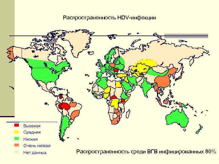 Распространенность HDV-инфекции Высокая Средняя Низкая Очень низкая Нет данных Распространенность среди ВГВ инфицированных 80%