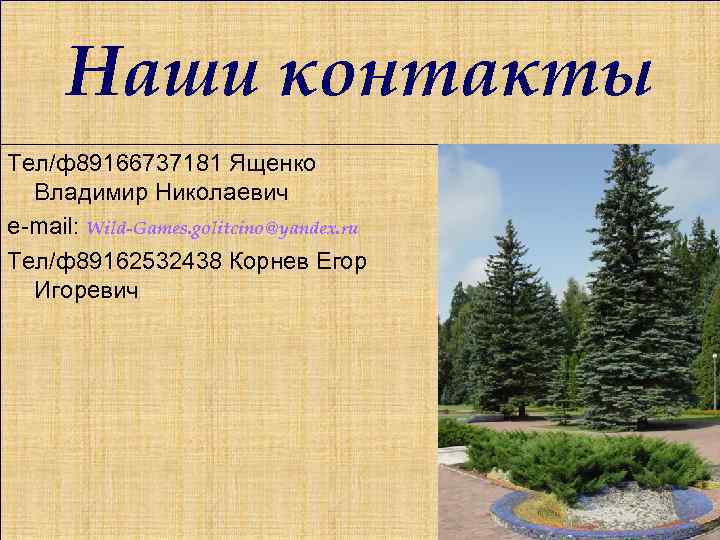 Наши контакты Тел/ф89166737181 Ященко Владимир Николаевич e-mail: Wild-Games. golitcino@yandex. ru Тел/ф89162532438 Корнев Егор Игоревич