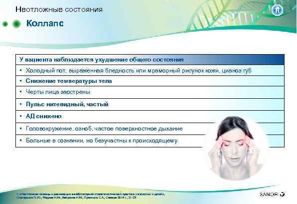 Неотложные состояния Коллапс У пациента наблюдается ухудшение общего состояния • Холодный пот, выраженная бледность