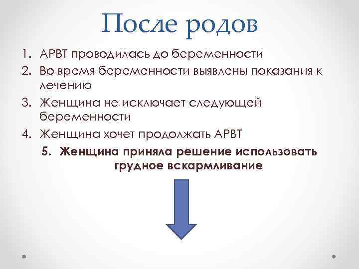 После родов 1. АРВТ проводилась до беременности 2. Во время беременности выявлены показания к