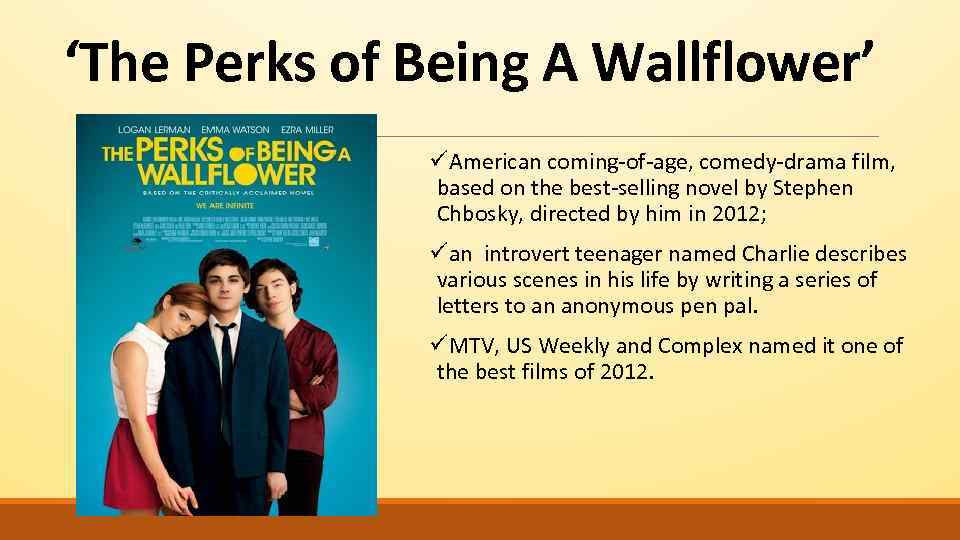 ‘The Perks of Being A Wallflower’ üAmerican coming-of-age, comedy-drama film, based on the best-selling