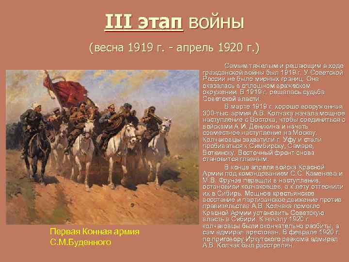 III этап войны (весна 1919 г. - апрель 1920 г. ) Первая Конная армия