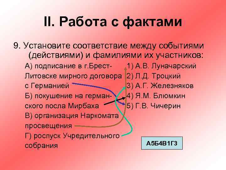 II. Работа с фактами 9. Установите соответствие между событиями (действиями) и фамилиями их участников: