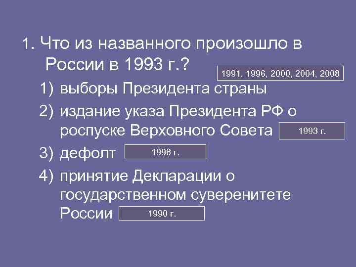 1. Что из названного произошло в России в 1993 г. ? 1991, 1996, 2000,