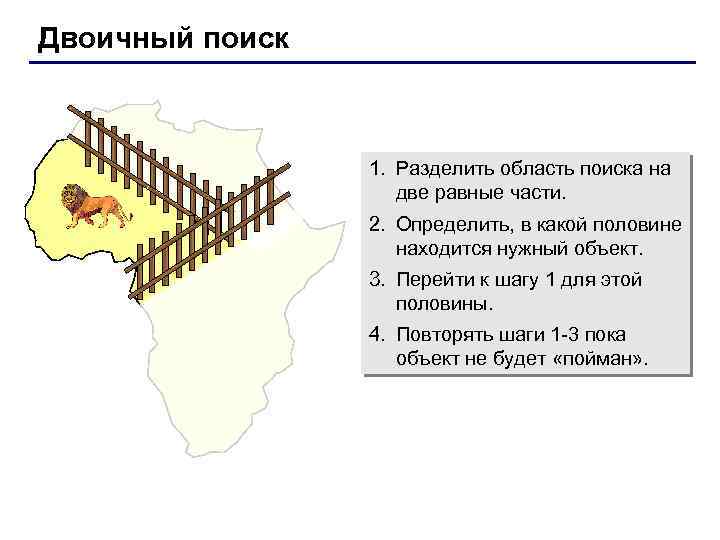 Двоичный поиск 1. Разделить область поиска на две равные части. 2. Определить, в какой