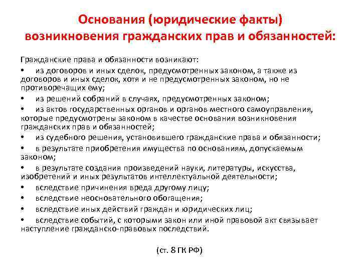 Основания (юридические факты) возникновения гражданских прав и обязанностей: Гражданские права и обязанности возникают: •