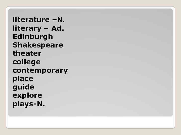 literature –N. literary – Ad. Edinburgh Shakespeare theater college contemporary place guide explore plays-N.