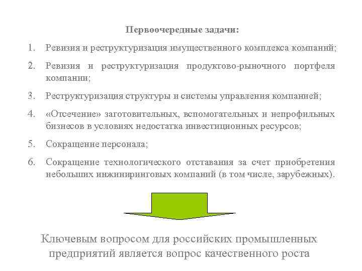 Первоочередные задачи: 1. Ревизия и реструктуризация имущественного комплекса компаний; 2. Ревизия и реструктуризация продуктово-рыночного