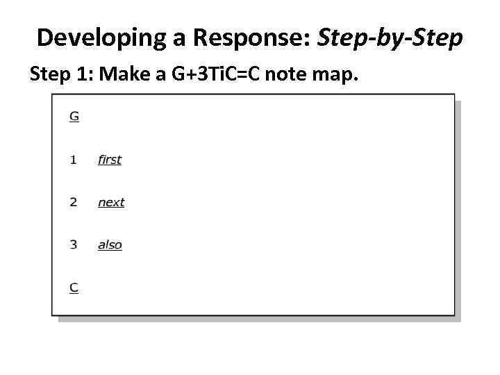 Developing a Response: Step-by-Step 1: Make a G+3 Ti. C=C note map. 