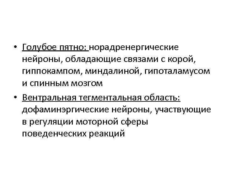  • Голубое пятно: норадренергические нейроны, обладающие связами с корой, гиппокампом, миндалиной, гипоталамусом и