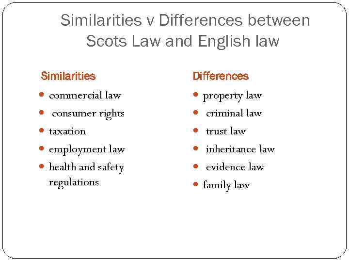 Similarities v Differences between Scots Law and English law Similarities Differences commercial law property