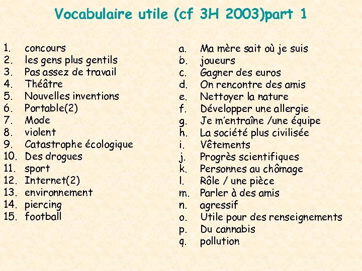 Vocabulaire utile (cf 3 H 2003)part 1 1. 2. 3. 4. 5. 6. 7.