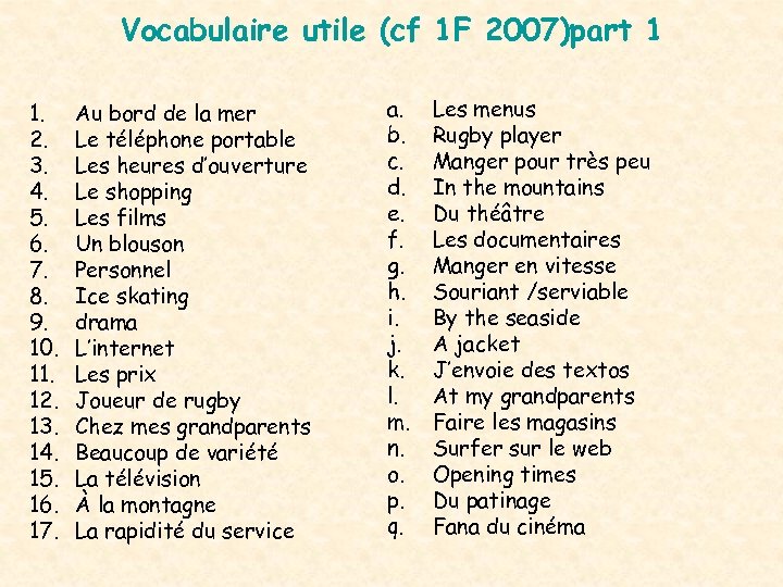 Vocabulaire utile (cf 1 F 2007)part 1 1. 2. 3. 4. 5. 6. 7.