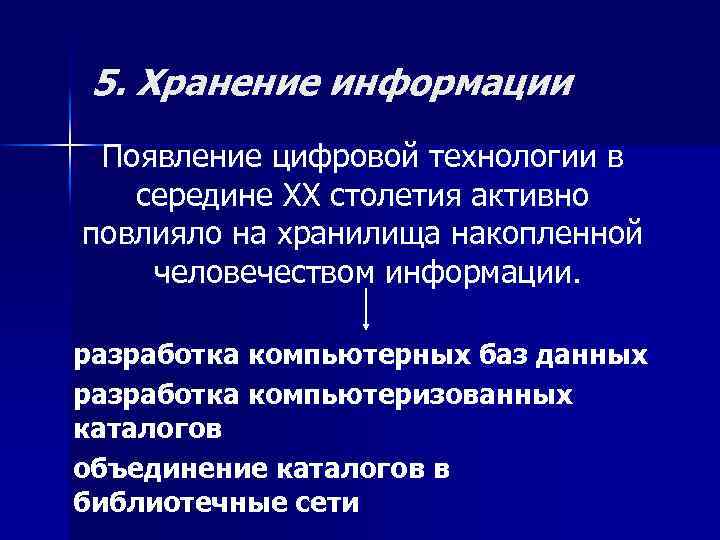 5. Хранение информации Появление цифровой технологии в середине XX столетия активно повлияло на хранилища