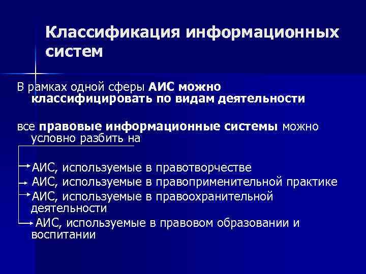 Классификация информационных систем В рамках одной сферы АИС можно классифицировать по видам деятельности все