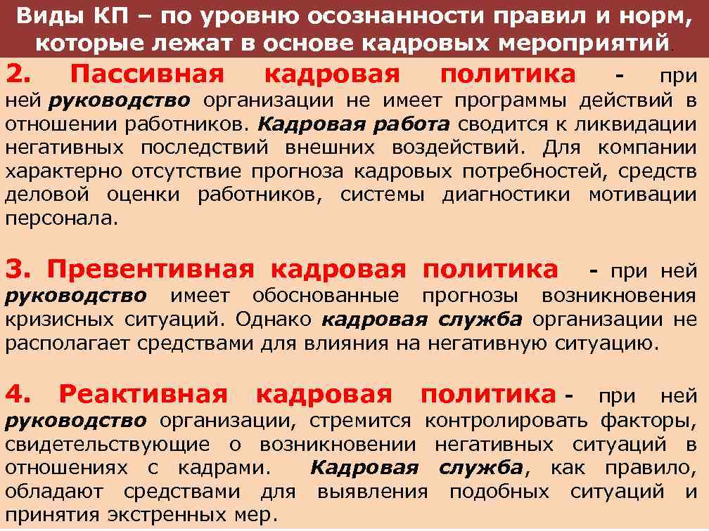 Виды КП – по уровню осознанности правил и норм, которые лежат в основе кадровых