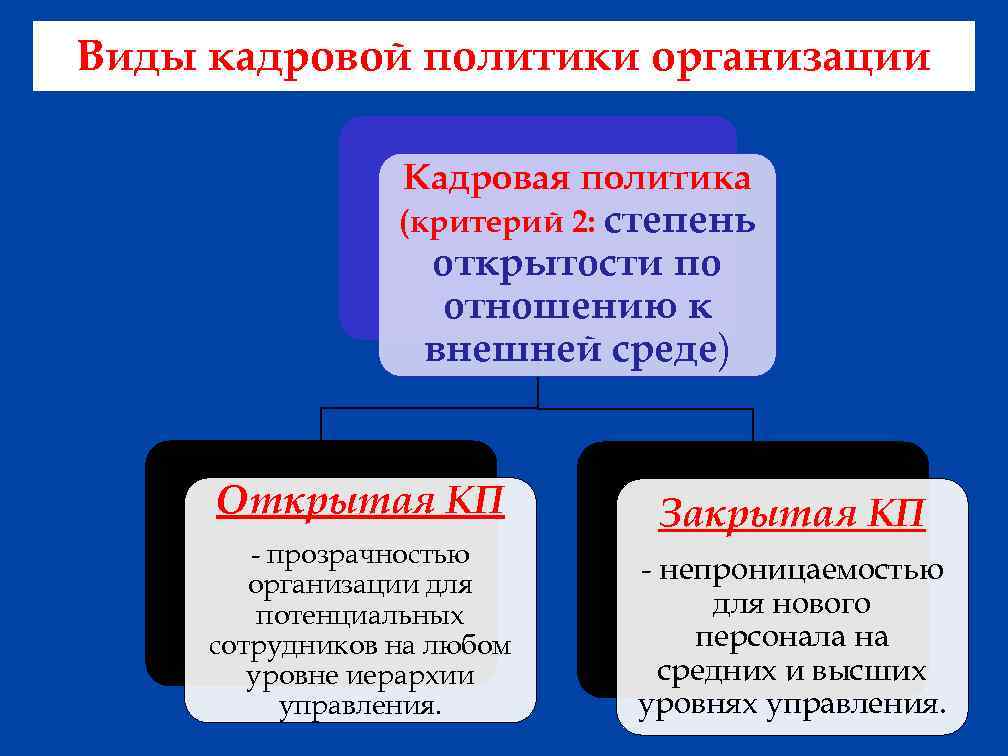 Виды кадровой политики организации Кадровая политика (критерий 2: степень открытости по отношению к внешней