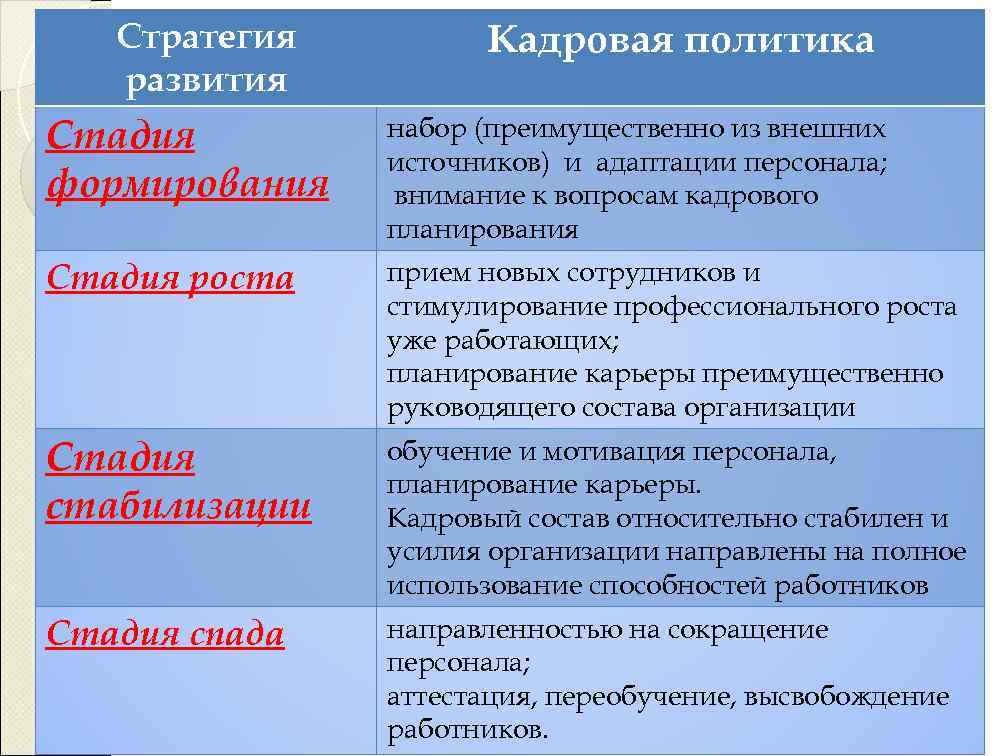 Стратегия развития Кадровая политика Стадия формирования набор (преимущественно из внешних источников) и адаптации персонала;