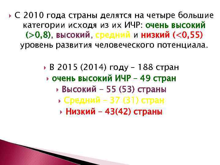  С 2010 года страны делятся на четыре большие категории исходя из их ИЧР: