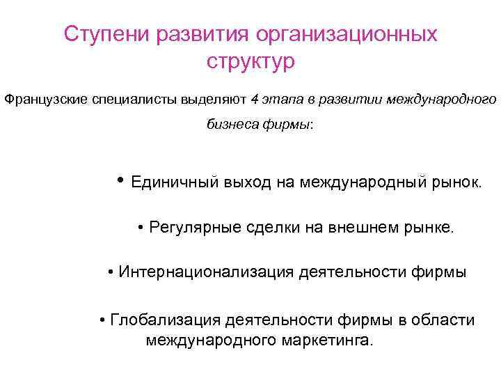 Ступени развития организационных структур Французские специалисты выделяют 4 этапа в развитии международного бизнеса фирмы:
