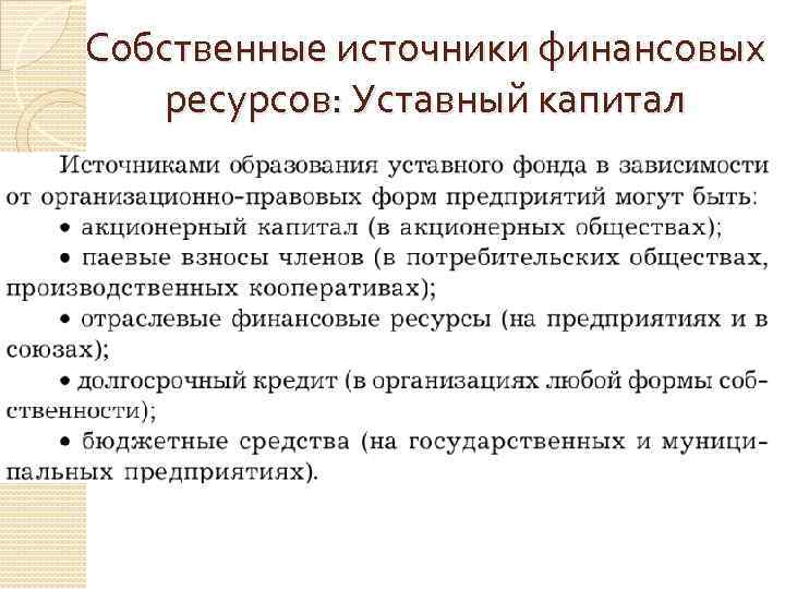 Собственные источники финансовых ресурсов: Уставный капитал 