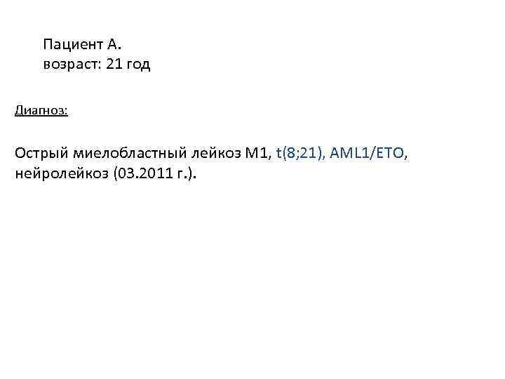 Пациент А. возраст: 21 год Диагноз: Острый миелобластный лейкоз М 1, t(8; 21), AML