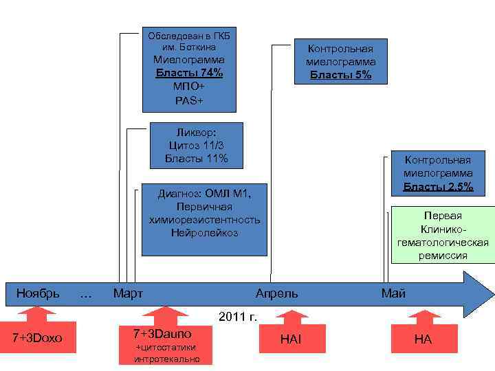 Обследован в ГКБ им. Боткина Контрольная миелограмма Бласты 5% Миелограмма Бласты 74% МПО+ PAS+