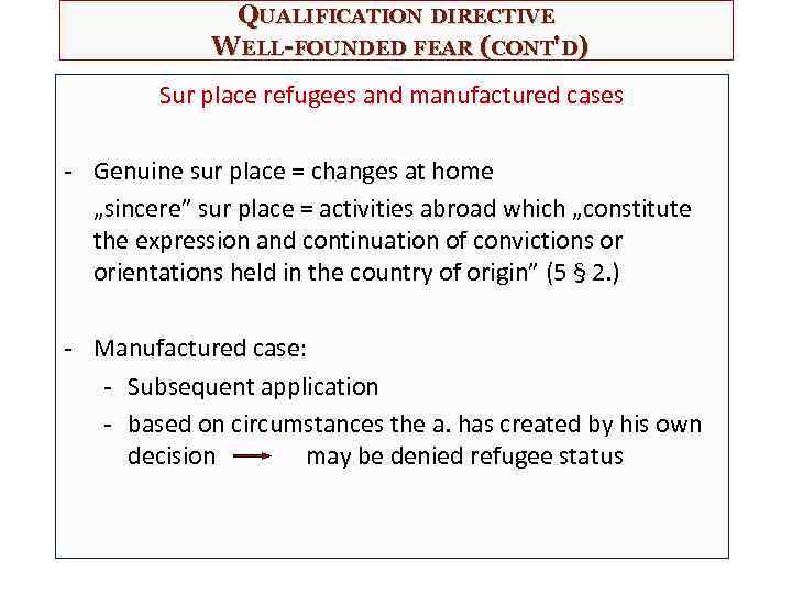 QUALIFICATION DIRECTIVE WELL-FOUNDED FEAR (CONT'D) Sur place refugees and manufactured cases - Genuine sur