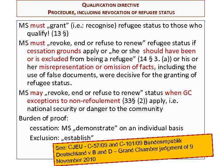 QUALIFICATION DIRECTIVE PROCEDURE, INCLUDING REVOCATION OF REFUGEE STATUS MS must „grant” (i. e. :