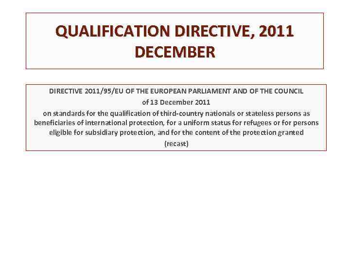 QUALIFICATION DIRECTIVE, 2011 DECEMBER DIRECTIVE 2011/95/EU OF THE EUROPEAN PARLIAMENT AND OF THE COUNCIL