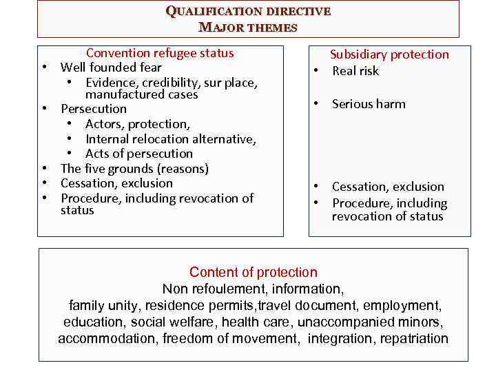 QUALIFICATION DIRECTIVE MAJOR THEMES • • • Convention refugee status Well founded fear •