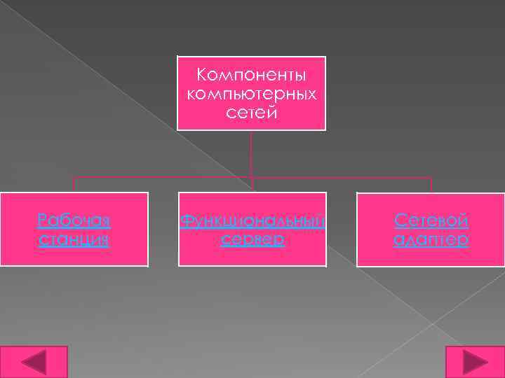  Компоненты компьютерных сетей Рабочая станция Функциональный сервер Сетевой адаптер 