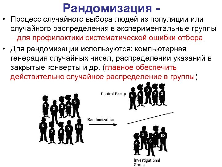 Рандомизация - • Процесс случайного выбора людей из популяции или случайного распределения в экспериментальные