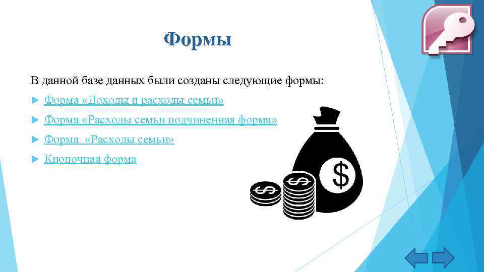 Формы В данной базе данных были созданы следующие формы: Форма «Доходы и расходы семьи»