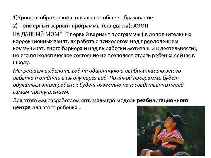 1)Уровень образования: начальное общее образование 2) Примерный вариант программы (стандарта): АООП НА ДАННЫЙ МОМЕНТ