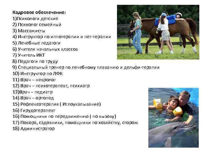 Кадровое обеспечение: 1)Психологи детские 2) Психолог семейный 3) Массажисты 4) Инструктор по иппотерапии и