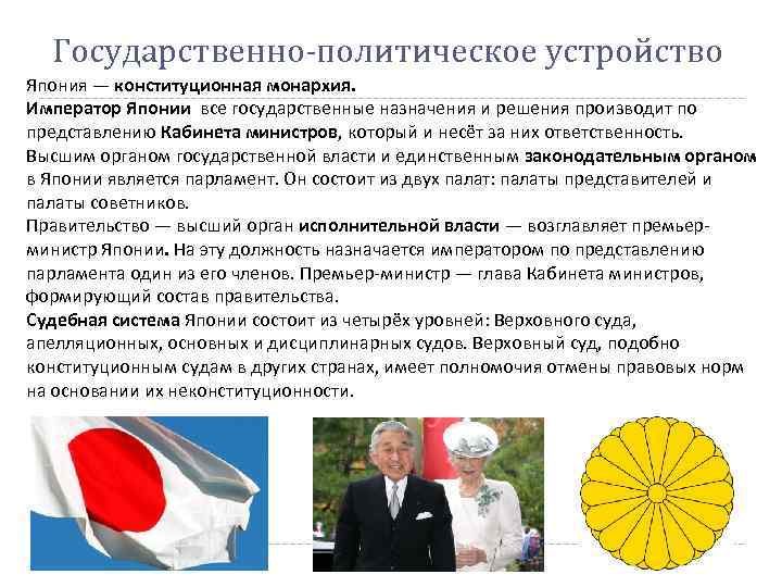 Государственно-политическое устройство Япония — конституционная монархия. Император Японии все государственные назначения и решения производит