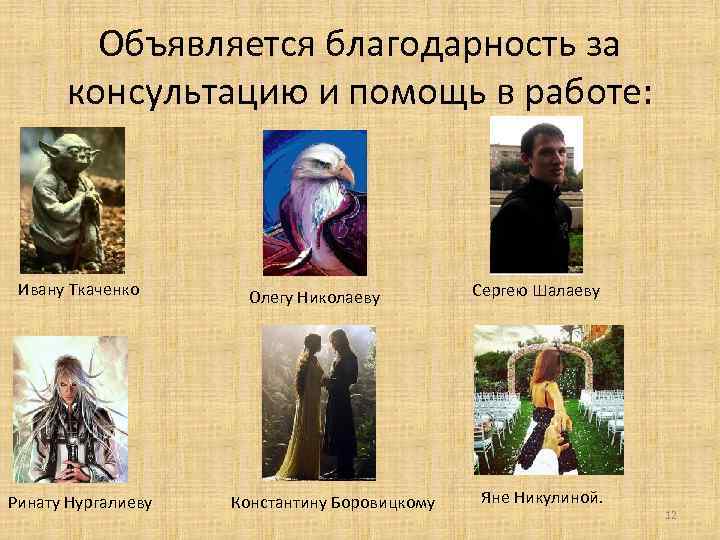 Объявляется благодарность за консультацию и помощь в работе: Ивану Ткаченко Ринату Нургалиеву Олегу Николаеву