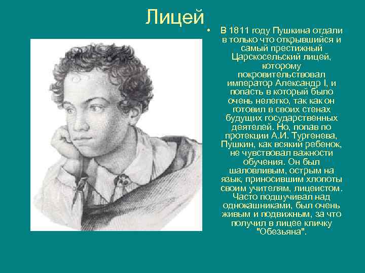 Лицей • В 1811 году Пушкина отдали в только что открывшийся и самый престижный
