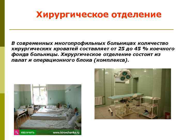Хирургическое отделение В современных многопрофильных больницах количество хирургических кроватей составляет от 25 до 45