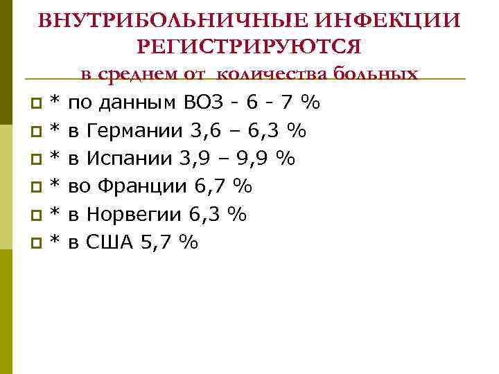 ВНУТРИБОЛЬНИЧНЫЕ ИНФЕКЦИИ РЕГИСТРИРУЮТСЯ в среднем от количества больных * * * по данным ВОЗ