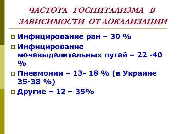 ЧАСТОТА ГОСПИТАЛИЗМА В ЗАВИСИМОСТИ ОТ ЛОКАЛИЗАЦИИ Инфицирование ран – 30 % Инфицирование мочевыделительных путей