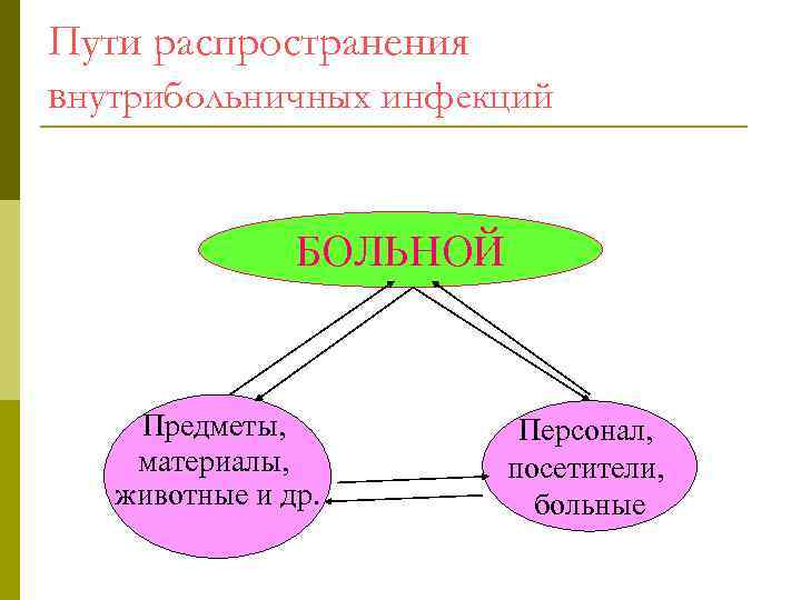 Пути распространения внутрибольничных инфекций БОЛЬНОЙ Предметы, материалы, животные и др. Персонал, посетители, больные 