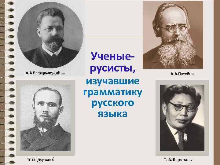 А. А. Реформатский Н. Н. Дурново Ученыерусисты, изучавшие грамматику русского языка А. А. Потебня