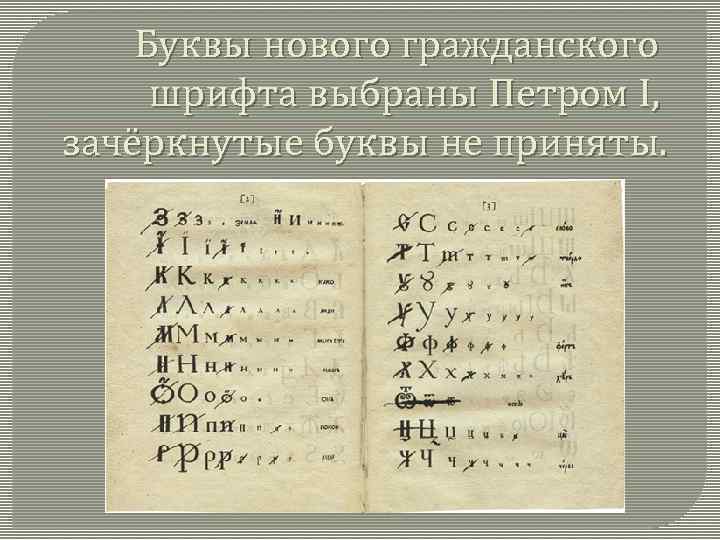 Буквы нового гражданского шрифта выбраны Петром I, зачёркнутые буквы не приняты. 