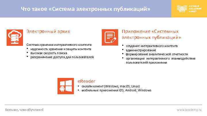 Что такое «Система электронных публикаций» Электронный архив Приложение «Системных электронных публикаций» Система хранения интерактивного